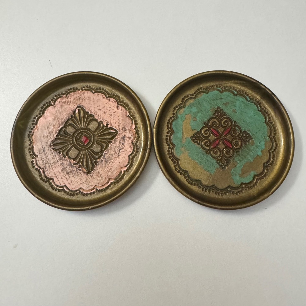 Vintage OFM Italy Brass Trinket Dishes Coasters Set of 2 Embossed Hand Painted